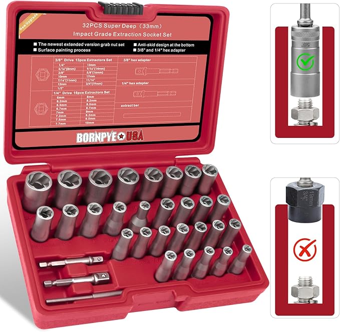 33mm Deep Reach Bolt Extractor Kit, with 3/8, 1/4 Inch Adapter, Ez Out Deep Broken Lug Nut Removal Socket Set, Easy-Out Spark Plug Remover Tool, for Stripped Rusted Bolts, Stud, Nuts Screw (32-Pieces)