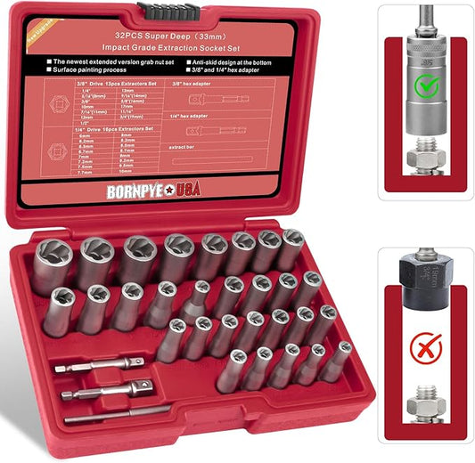 33mm Deep Reach Bolt Extractor Kit, with 3/8, 1/4 Inch Adapter, Ez Out Deep Broken Lug Nut Removal Socket Set, Easy-Out Spark Plug Remover Tool, for Stripped Rusted Bolts, Stud, Nuts Screw (32-Pieces)
