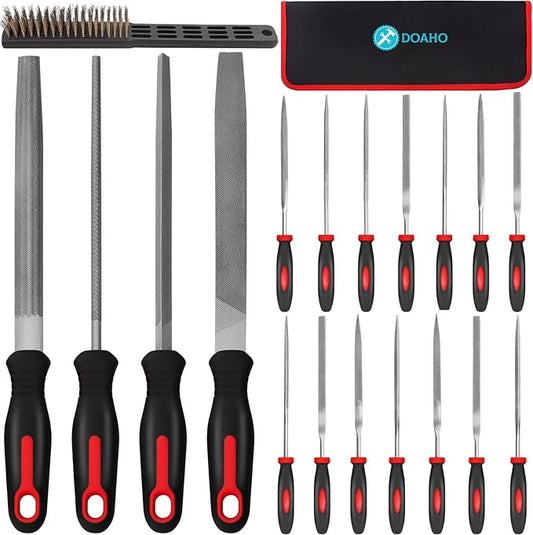 19Pcs Metal File Set,Files Tool Kit for Woodworking with Needle File,Flat,Round,Half-Round,Triangle Shapes,Brush & Carry Case for Sharpening,Wood and Steel Deburring,Craft