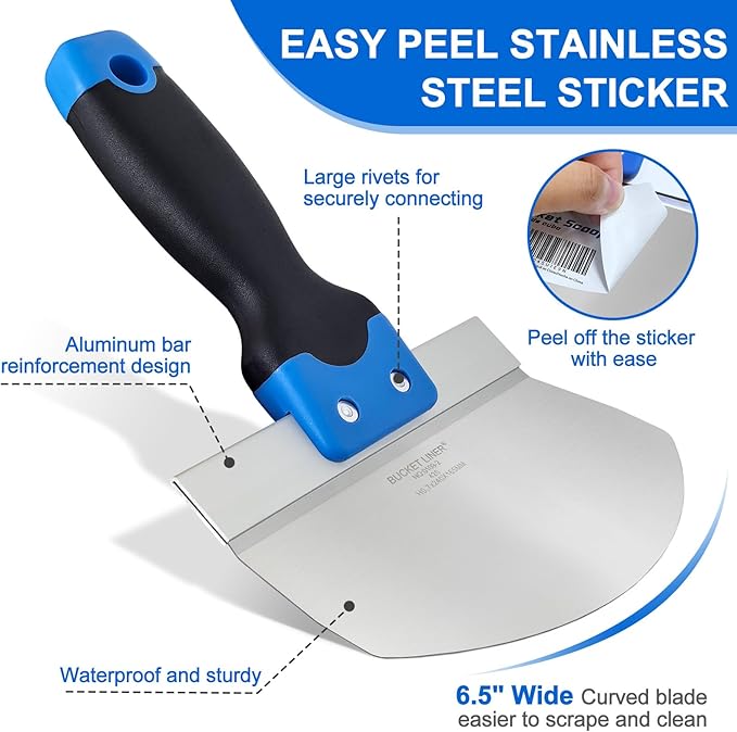 2Pack Fishark 6.5" Curved Bucket Scoop, Stainless Steel Tool for Drywall & Plaster, Rustproof Contoured Blade, Soft-Grip Handle, Multipurpose Scoop & Scraper for Paint, Mortar, Spackling