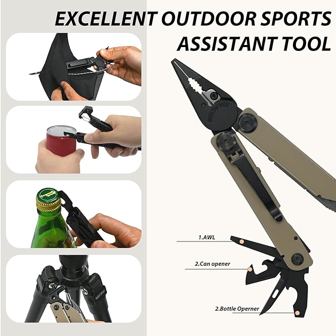 23-in-1 Multitool Pliers - Multi tool Pocket Knife with Screwdriver, Fire Starter, Saw, Whistle, Wire Stripper, Survival Gear for Hunting and Camping with Nylon Sheath (Brown)