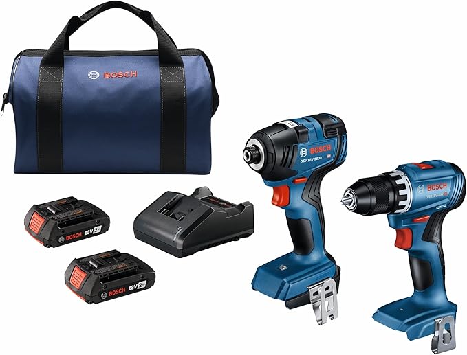 BOSCH GXL18V-27B22 Power Tool Combo Kit - 18V Brushless Compact 1/2 In. Cordless Drill Driver and 1/4 In. Hex Impact Driver (Includes: Two 2.0Ah Batteries, 18V Charger, and Carrying Tool Bag)