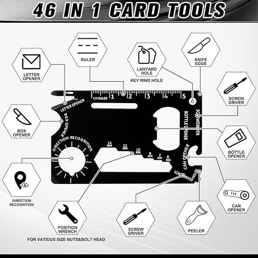Cholemy 12 Pcs Credit Card Wallet Multitool 46 in 1 Metal Stainless Steel Survival Pocket Tool Multipurpose Bottle Opener Bulk for Men Christmas Stocking Stuffer Gift(Black,Basic Style)