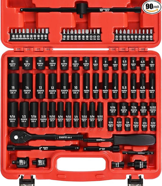 1/4" Drive Impact Socket Set 90 Piece, Metric Socket (4-15mm) and Standard SAE Size (5/32-9/16 inch), with 72-Teeth Ratchet, Screwdriver Bit Set, Mechanics Tool Kit for Home Use and Automotive Repair