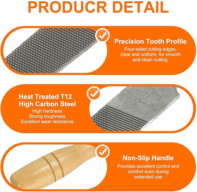 HARFINGTON 3pcs Flat Cut File 4" Double Cut Teeth High Carbon Steel Hand Rasp File with Wood Handle for Metal Wood Deburring Removing