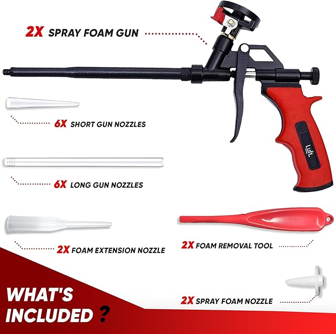 Luft Professional Expanding Foam Spray Gun (2 Insulation Guns + 9 Extenders) PU Insulating Applicator Heavy Duty Metal Body Dispensing Foam Gun Suitable for Caulking, Filling, Sealing (2 Pack)