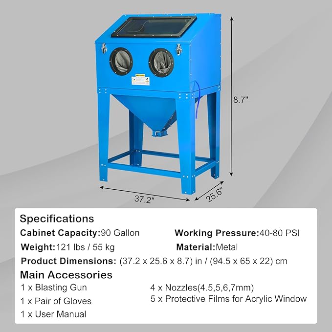 90 Gallon Sandblasting Cabinet,40-80PSI Sand Blasting Cabinet with Glass Viewing Windows/LED Light, Heavy Duty Sand Blaster with 4 Nozzles & Blasting Gun for Paint, Rust Removal Blue