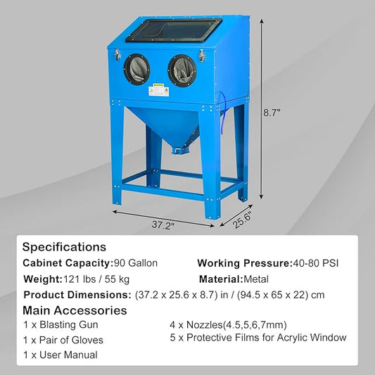 90 Gallon Sandblasting Cabinet,40-80PSI Sand Blasting Cabinet with Glass Viewing Windows/LED Light, Heavy Duty Sand Blaster with 4 Nozzles & Blasting Gun for Paint, Rust Removal Blue