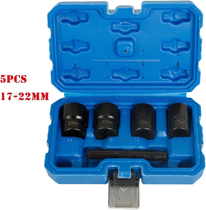 5 Pc Twist Socket Set 4 Damaged Worn Lug Nut and Lock Remover 17 19 21 22mm; 1/2" Drive