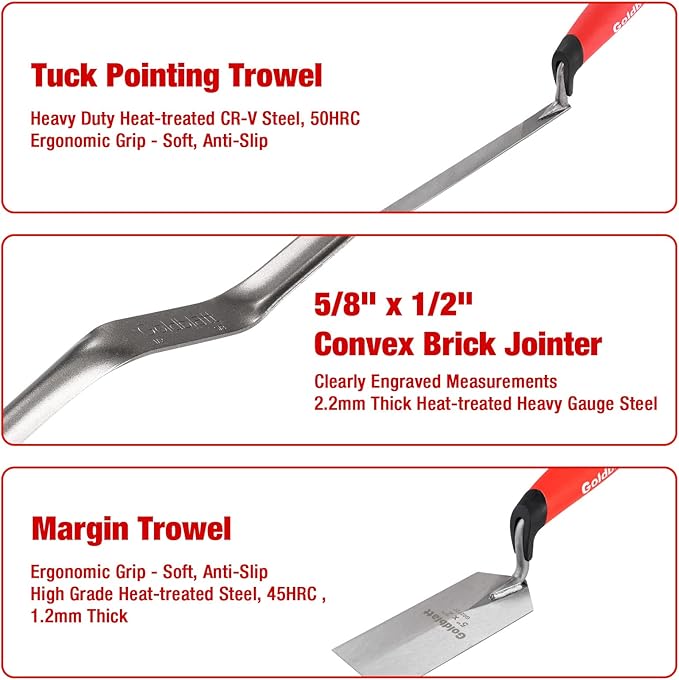 Goldblatt 6PCS Masonry Hand Tool Set - 11" x 5-1/2" Philadelphia Brick Trowel, 2PC Pointing Trowel, 5" x 2" Margin Trowel, 1/2" Tuck Pointing Trowel, 5/8??x 1/2??Convex Brick Jointer