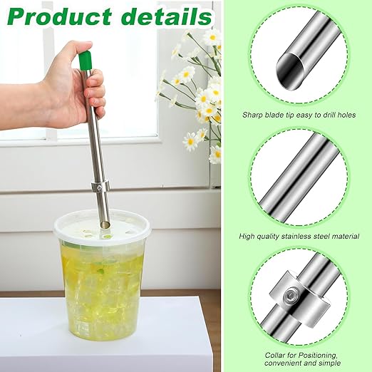 Lasnten 1 Pack Straw Puncher for Plastic Lids Lemonade Cups, Stainless Steel Straw Hole Puncher Punching Tools for Cafe Drinks Deli Container Fresh Squeezed Lemonade Stand Supplies(8.7 Inch,Green)