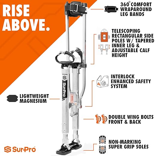 SurPro Double-Sided Drywall Stilts, Aluminum Base, 26??- 40??Height, QuadLock Contractor-Grade Stilts (S2-A-2640) for Drywallers, Painters, Ceiling Work, Stilts Drywall