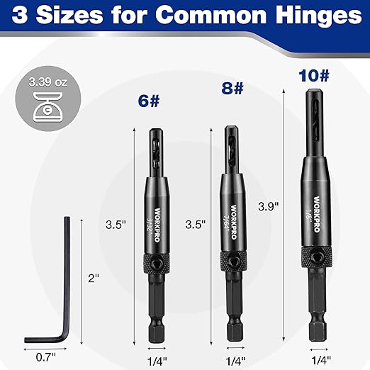 WORKPRO 3-Piece Self Centering Drill Bit Set, Durable HSS VIX Bit with Hex Key, 3/32?? 7/64?? 1/8??Center Drill Bits, 1/4 Inch Hex Shank for Precise Cabinet and Door Installation