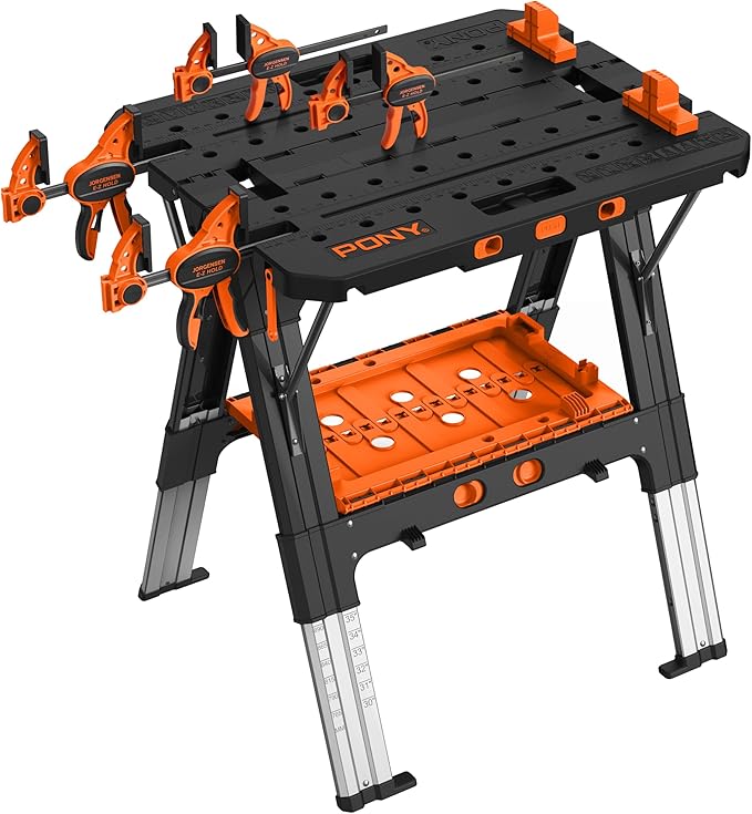 Pony Portable Folding Work Table, 2-in-1 as Sawhorse & Workbench, 31??W횞25??D횞25??35?쒱, Large Load Capacity with 4pcs Clamps, 4pcs Bench Dogs