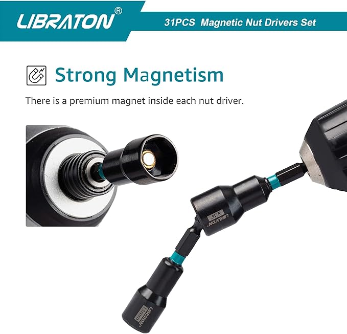 Libraton 31PCS Magnetic Nut Driver Set, Impact Drill Driver Bit Set 1/4", Metric and SAE Nut Driver, Screwdriver Bits, Impact Socket Adapters, Bit Holder, Quick-release Extensions with Storage Bag