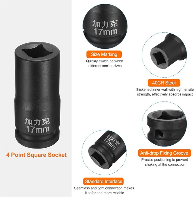 HARFINGTON 4 Point Square Socket 3/4" Drive by 17mm Metric Square Impact Socket 40CR Blackening Standard Wheel Sockets Pneumatic Socket Tool for Auto Repair Mechanical Maintenance Home Use