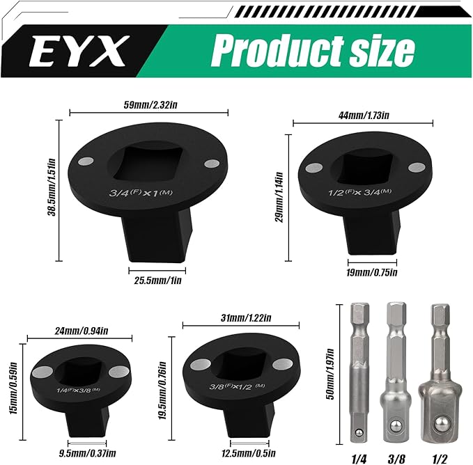 Socket Adapter Set, 4PC Low Profile Impact for Tight Spaces - Fits Square Head 1/2" 1/4" 3/8" Hex Key Socket Wrench & AD Connecting Rod, Includes Drive Converters