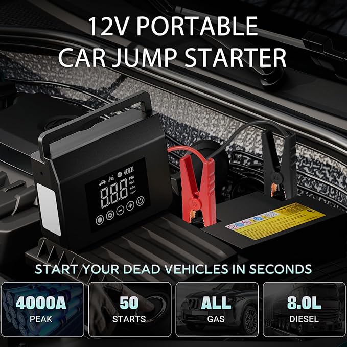 Hieha 4000A Portable Jump Starter with Air Compressor, 12V Car Battery Charger (All Gas 8L Diesel) with 150PSI Tire Inflator 15000mAh PowerBank & Quick Charge, Flashlight, emergency kit for Car, truck