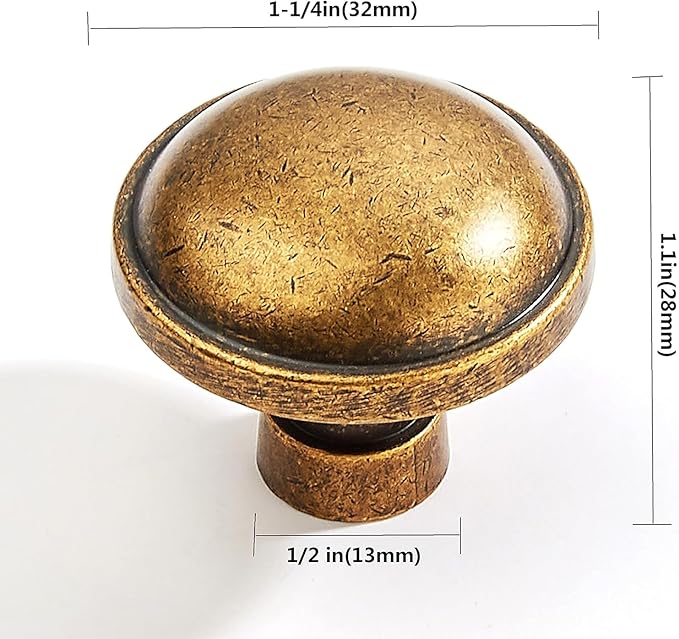 khtumeware 2 Pack 1-1/4 Inch Antique Brass Cabinet Knobs Solid Round Vintage Kitchen Drawer Knobs Dresser Knobs Bi-Fold Door Knobs Aged Cabinet Hardware for Cupboard Drawer Pulls