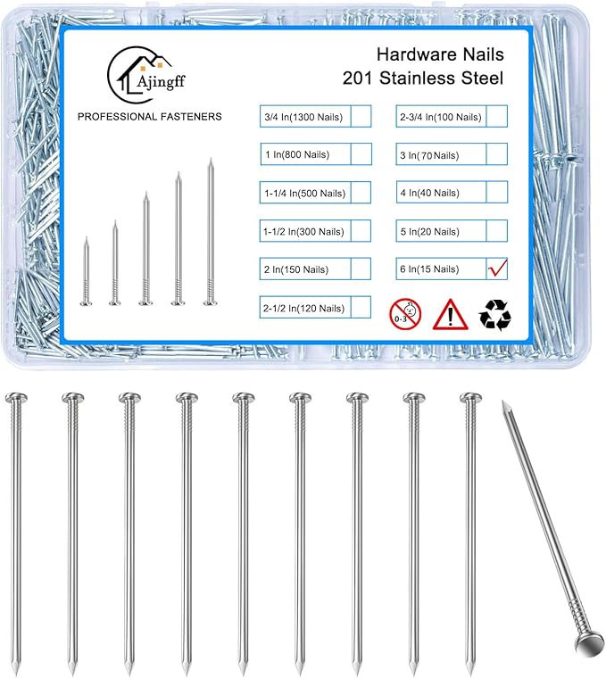 15PCS Galvanized Steel Hardware Nails with Storage Box, 6Inch Flat Head Nails for Hanging Pictures and Woodworking, Picture Hanging Nails, Long Nails, Wall Nails, Wood Nails, Finishing Nails