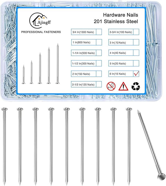 15PCS Galvanized Steel Hardware Nails with Storage Box, 6Inch Flat Head Nails for Hanging Pictures and Woodworking, Picture Hanging Nails, Long Nails, Wall Nails, Wood Nails, Finishing Nails