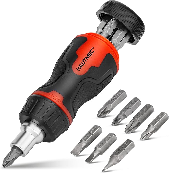 HAUTMEC 8-in-1 Stubby Ratcheting Screwdriver Set, Multi Screwdriver Tool All in One, Ratchet Short Screwdriver Set with Multi Bit Screw Driver for Use in Confined Space, Chrome Vanadium Steel Shaft