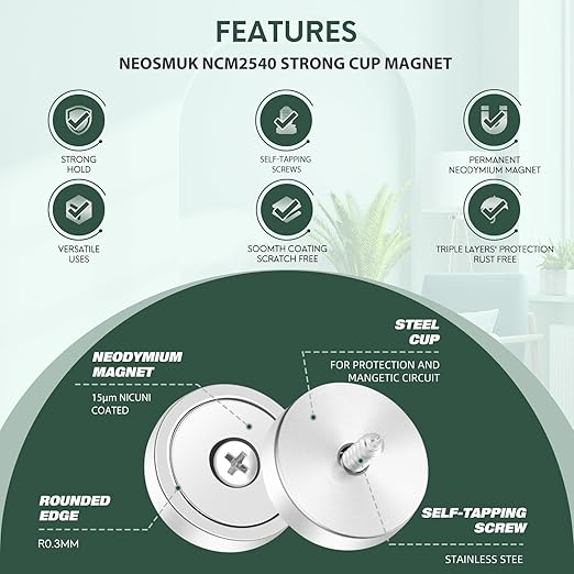 Neosmuk Magnets with Screws,60lbs+ Heavy Duty Rare Earth Neodymium Mounting Magnets with Holes, Countersunk Round Disc Industrial Magnets for Wall Mounting, 10 Pack