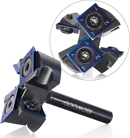 Slab Flattening Router Bit 1/4 Shank with DLC Coated, 1-1/2??Cutting Dia, 2+2 Carbide Insert, CNC Spoilboard Surfacing Router Bit, Wood Planing Bit, for Flycutter/ Slab Leveler/ Rabbeting SICWOOD