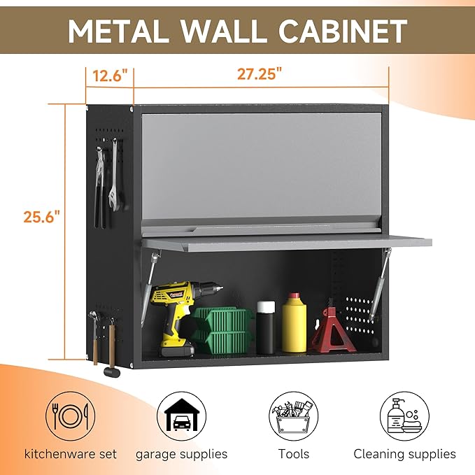Coolsun 2 Door Metal Wall Cabinet, Garage Wall Cabinet with Up-Flip Door, 25.6" H Wall Mounted Metal Storage Cabinet for Garage,Basement,Ware House Assembly Required