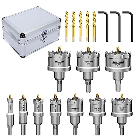 Mollom 10Pcs (13-51mm) TCT Carbide Hole Saw Kit for Hard Metal, 5Pcs Extra Pilot Drill bits and 3Pcs Hex Keys for Stainless Steel, Iron,Aluminum,Alloy,Metal.