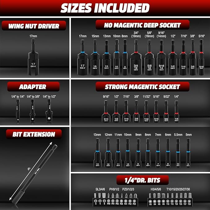 AIRTOON 55PCS Magnetic Nut Driver Set, Metric & SAE Magnetic Impact Drill Driver Bit, Deep Nut Driver Set, Wing Nut Driver, 1/4" Quick Change, Heavy Duty Socket Adapters & Bit Extensions, Storage Box