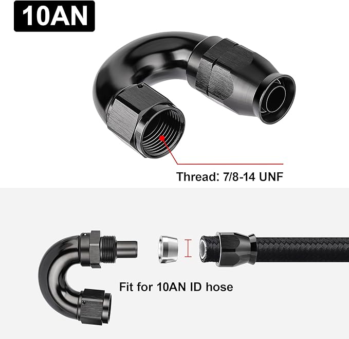 EVIL ENERGY 10AN 180 Degree PTFE One Piece Full Flow End Hose Fitting Aluminum Black