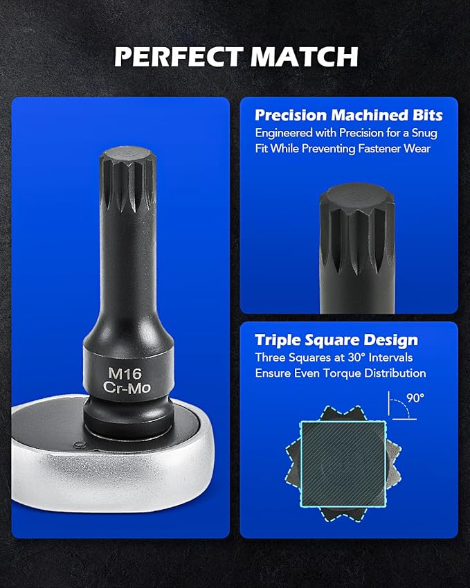Orion Motor Tech XZN Triple Square Spline Bit Sockets, 8pc 1/2" Drive Impact Triple Square Bit Socket Set with Metric M5 M6 M8 M10 M12 M14 M16 M18 Socket Adapters, Cr-Mo Steel, Storage Case