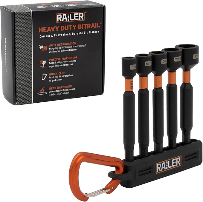 Railer Nut Driver Set - Premium 4 Inch 5-Piece Nutsetter Bit Set With A Storage Bit Holder & Carabiner
