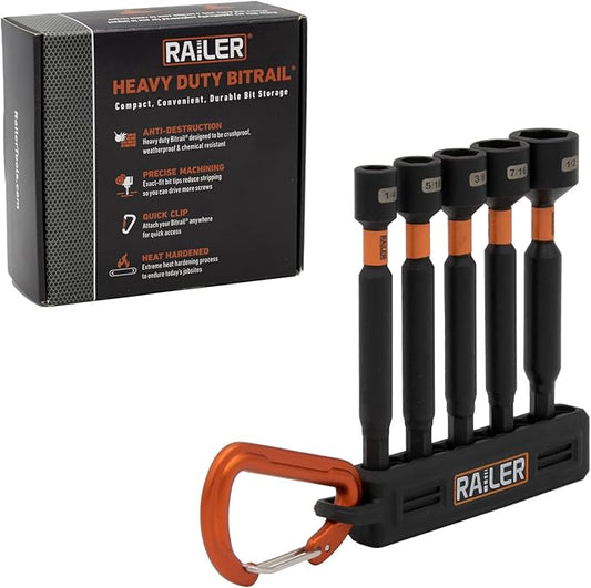 Railer Nut Driver Set - Premium 4 Inch 5-Piece Nutsetter Bit Set With A Storage Bit Holder & Carabiner
