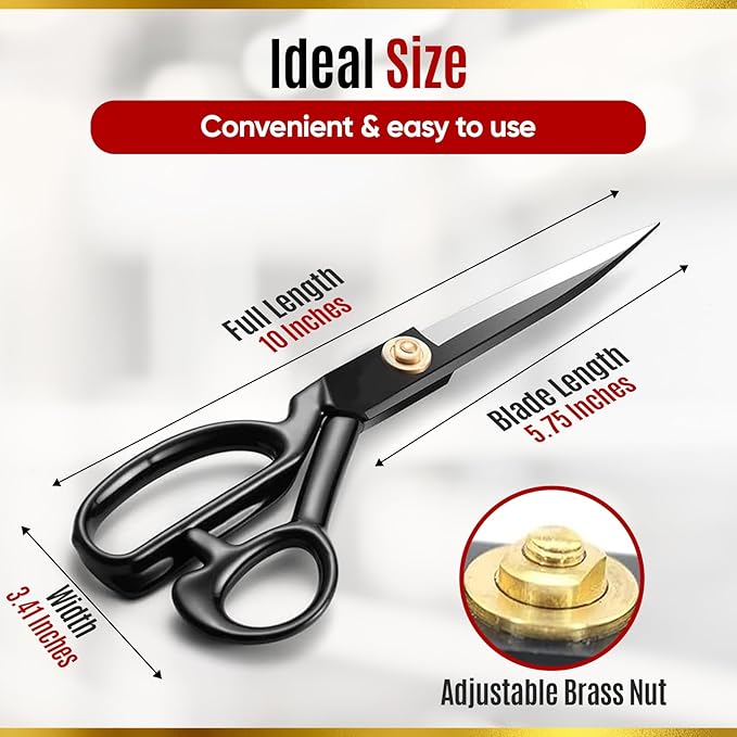10" All Purpose Fabric Scissors, Heavy Duty Tailoring Scissors and Shears for Sharp and Precise Fabric Cutting, Professional, Industrial, Travel, Home Improvement and Sewing Projects