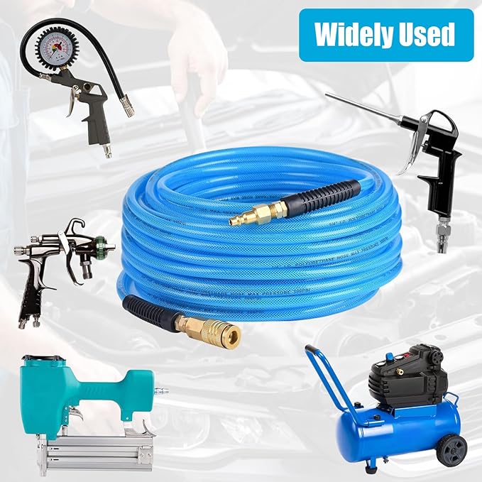 25FT 1/4 Inch Reinforced Polyurethane Air Hose for Compressor - Flexible Heavy Duty Braided Pneumatic Hose with Quick Connect Fittings 300 PSI for Garage Shop Automotive Use