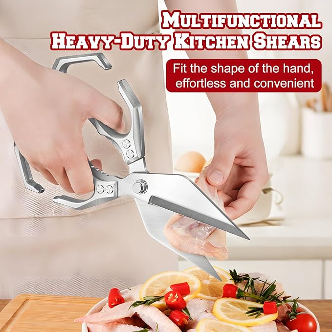 Multifunctional Heavy-Duty Kitchen Shears, High-Carbon Steel Culinary Shears, Heavy Duty Kitchen Scissors for Food with Ergonomic Handle for Chicken, Meat, Seafood (Red)