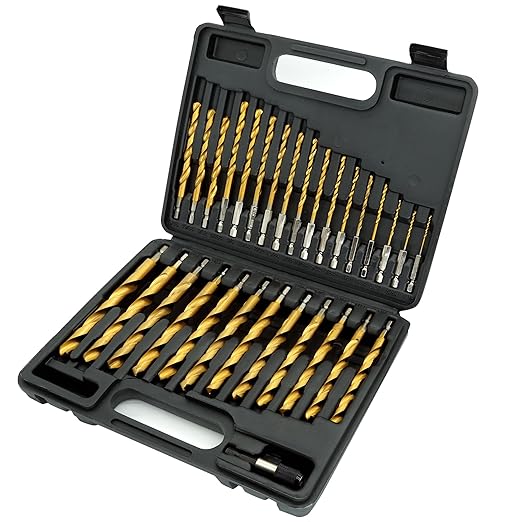 30 Pcs Titanium Impact Drill Bit Set, Hex Shank HSS Twist Drill Bits with Storage Case for Steel, Copper, Aluminum, Zinc Alloy, Wood and Plastics, Quick Change Design, 1/16"-1/2"