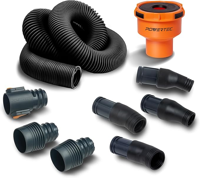 POWERTEC 70512 10 Ft. Vacuum Hose Dust Collection Kit w/ 4 Quick Change Fittings, Tapered Reducers and Quick Connect Dust Port Adapter for Miter Saw, Track Saw, Jigsaw, Orbital Sanders, Woodworking
