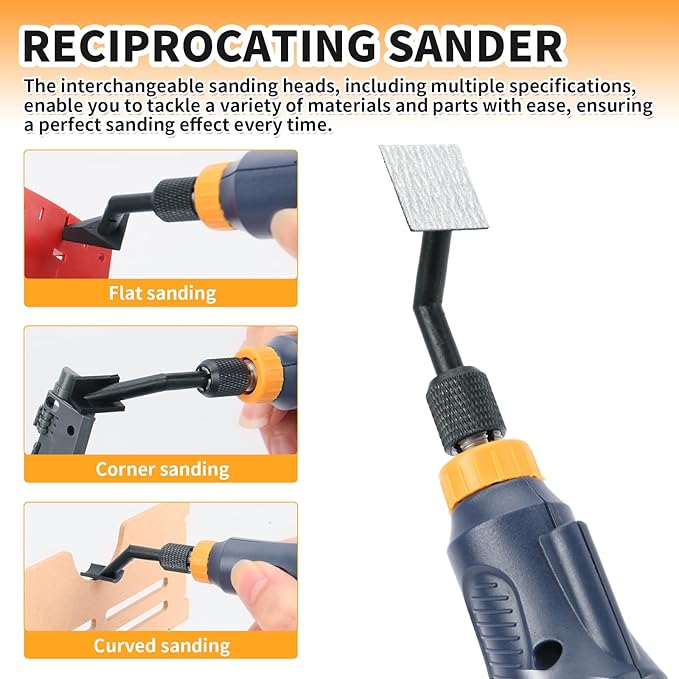 Reciprocating Sander, Variable Speed and USB Charging with LED Light, Pen Sander With 6pcs Sanding Head, Fit for Sanding, Polishing, Finishing, DIY Crafts (Blue)