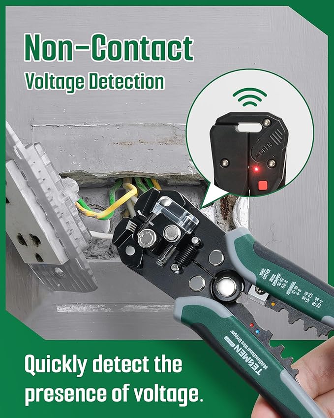 TESMEN TWS-322 Self Adjusting Wire Stripper with Non-Contact Voltage Detection, 4-in-1 Automatic Wire Stripper Tool, Universal Cutters and Crimping Tool, for 10-24 AWG Electrical Cable