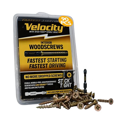 Velocity Interior 1 1/2 Inch Wood Screws DIY Pack (Size #10, 90 Pcs) ??Zinc and Yellow Coating, Stick-Tight Technology, Screw for Wood Working with PSD ACR Driver Bit