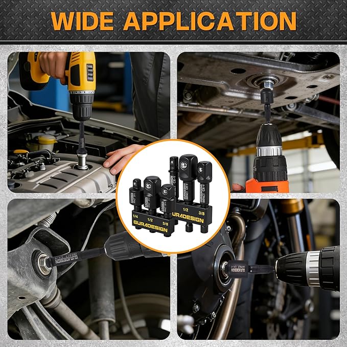 Impact Socket Adapter Set, 6-Piece 3" Extension Bit With Holder, 1/4", 3/8", and 1/2" impact socket adapter & Universal Joints drill socket adapter