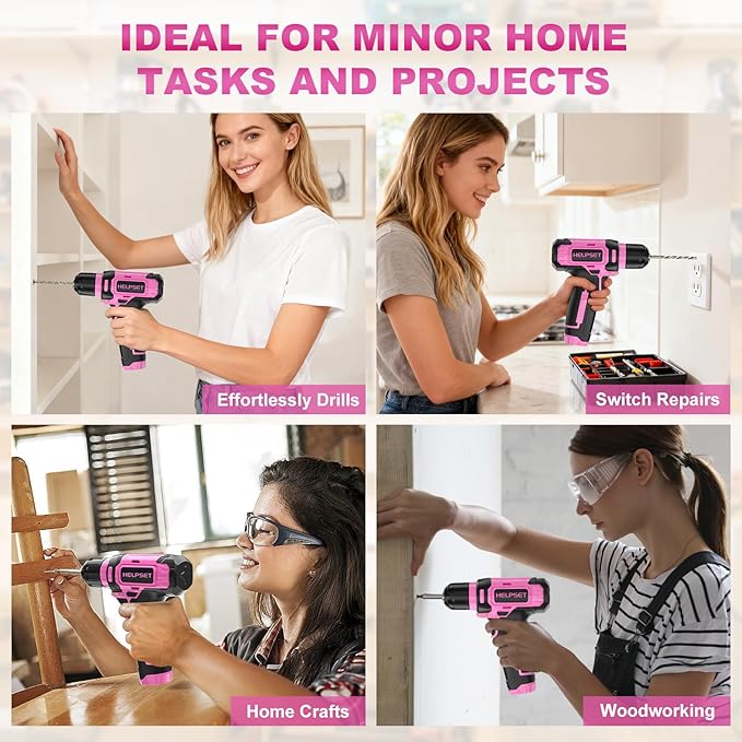 8V Cordless Drill Driver Set with 3/8" Keyless Chuck, 15pcs Bits, Type-C Charging, Built-in LED and Variable Speed for Drilling and Screwing, Toolbox (Pink)