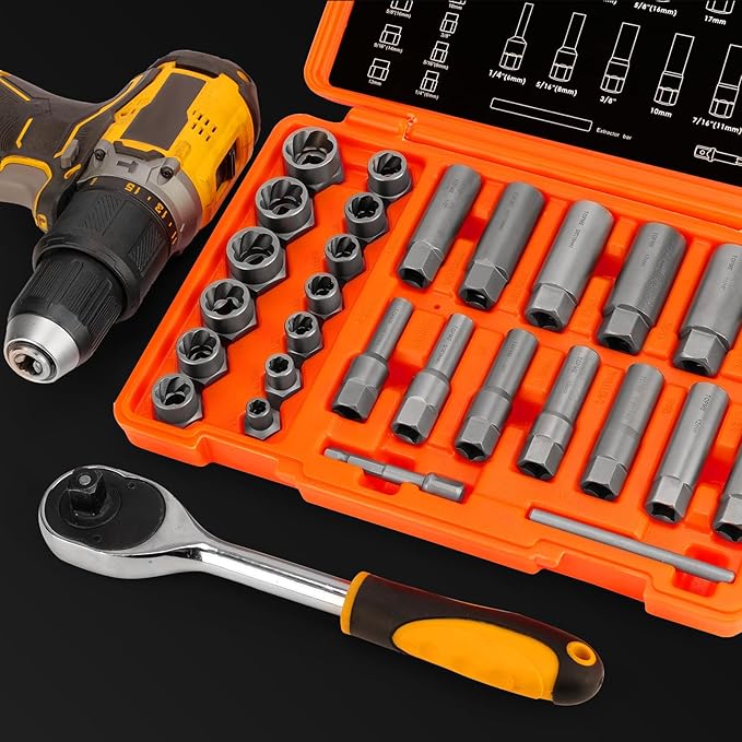 Deep Bolt Extractor Set,28 PCS Impact Bolt & Nut Remover Set,Stripped Lug Nut Remover,Extraction Socket Set for Removing Spark Plug,Damaged Rounded-Off Bolts,Nuts,Studs,Threaded Tubes