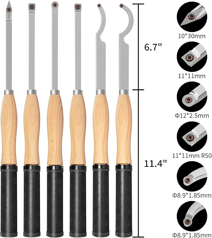 18.3" Full Size Carbide Tip Wood Lathe Turning Tool Kit, Lathe Roughing and Finishing Hollow Tool with Diamond Round Square Carbide inserts For Woodturning(6pcs)