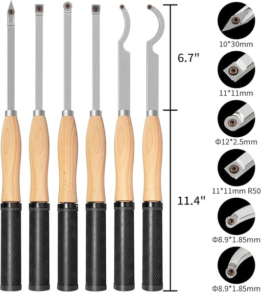 18.3" Full Size Carbide Tip Wood Lathe Turning Tool Kit, Lathe Roughing and Finishing Hollow Tool with Diamond Round Square Carbide inserts For Woodturning(6pcs)