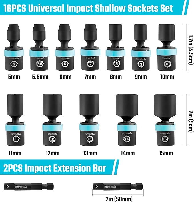 DURATECH 1/4" Drive Impact Universal Joint Socket Set, Swivel Socket Set, 14-Piece, Metric Impact Sockets (5-15 MM) with 2" Extension Bars, Cr-Mo Steel, Organized in EVA Foam Organizer