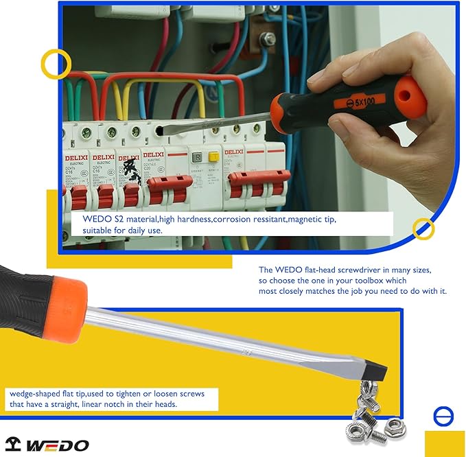WEDO 6Pcs Screwdriver Set, Magnetic Screwdriver with 2 Phillips& 4 Slotted Head Tips with Case Package, PH1*75mm, PH2*100mm, 3 * 75mm, 5 * 75mm, 6 * 100mm, 8 * 150mm, Heavy Duty S2 Steel Made